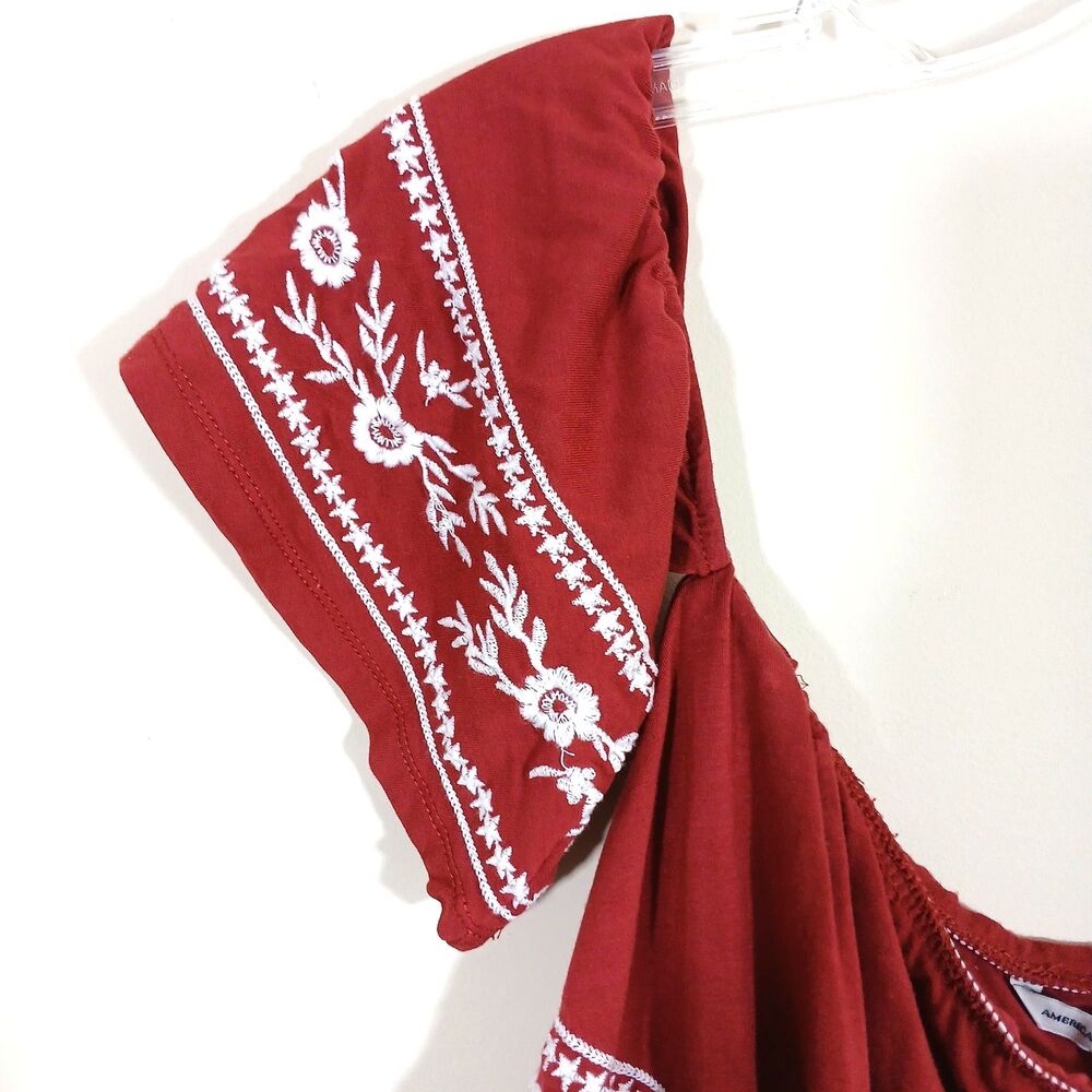 American Eagle Burgundy Romper Off the Shoulder Embroidery - Picture 3 of 9
